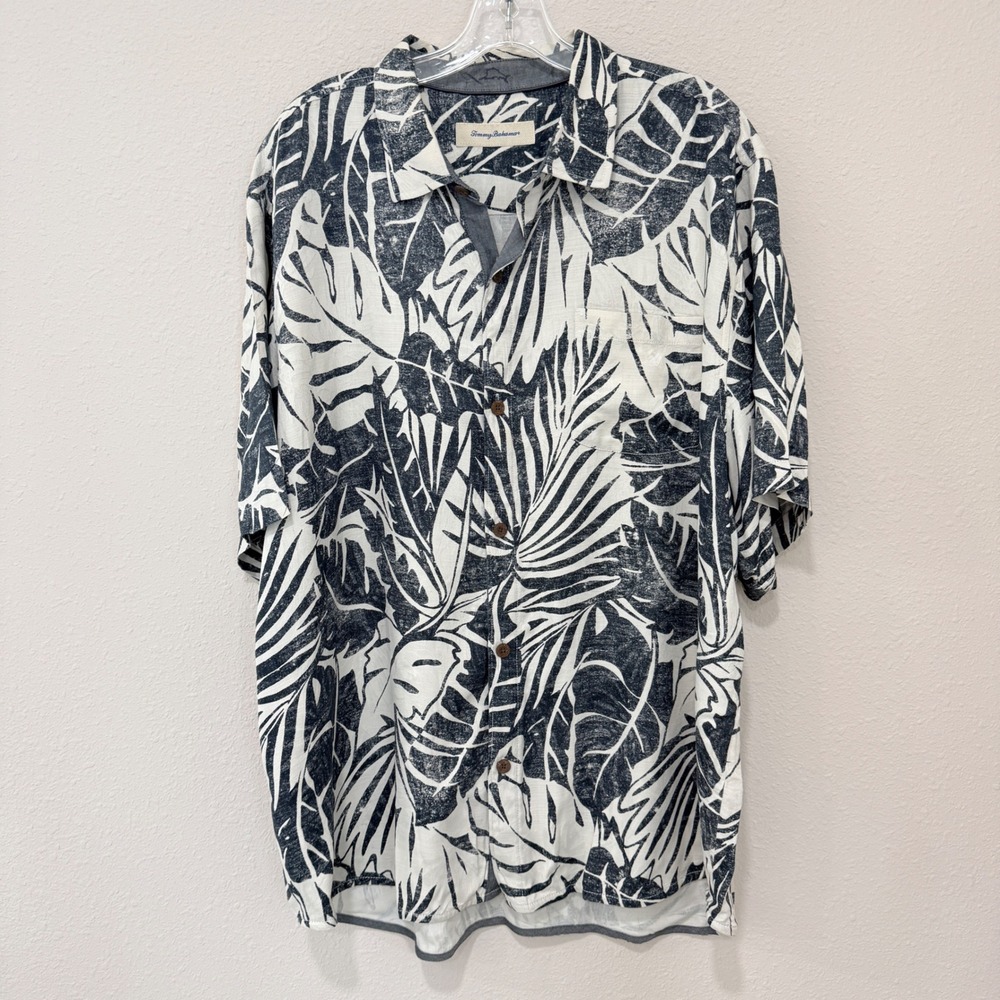 Tommy Bahama Silk Palm Leaf Shirt XXL White Navy Coastal Resortwear